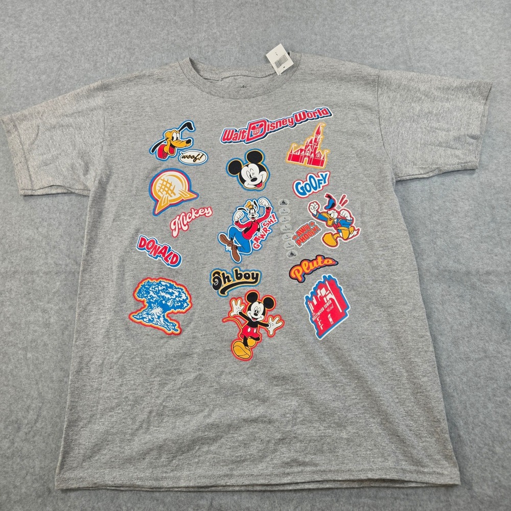 Disney Parks Mickey Mouse Friends Sticker Graphic T-Shirt Gray Kids Large NWT